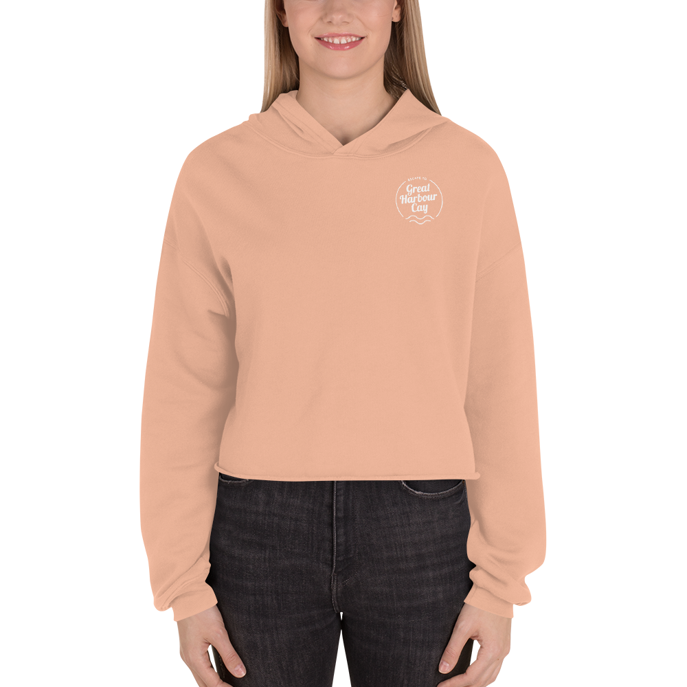 Escape to Great Harbour Cay – Peach Crop Hoodie with White Logo ...